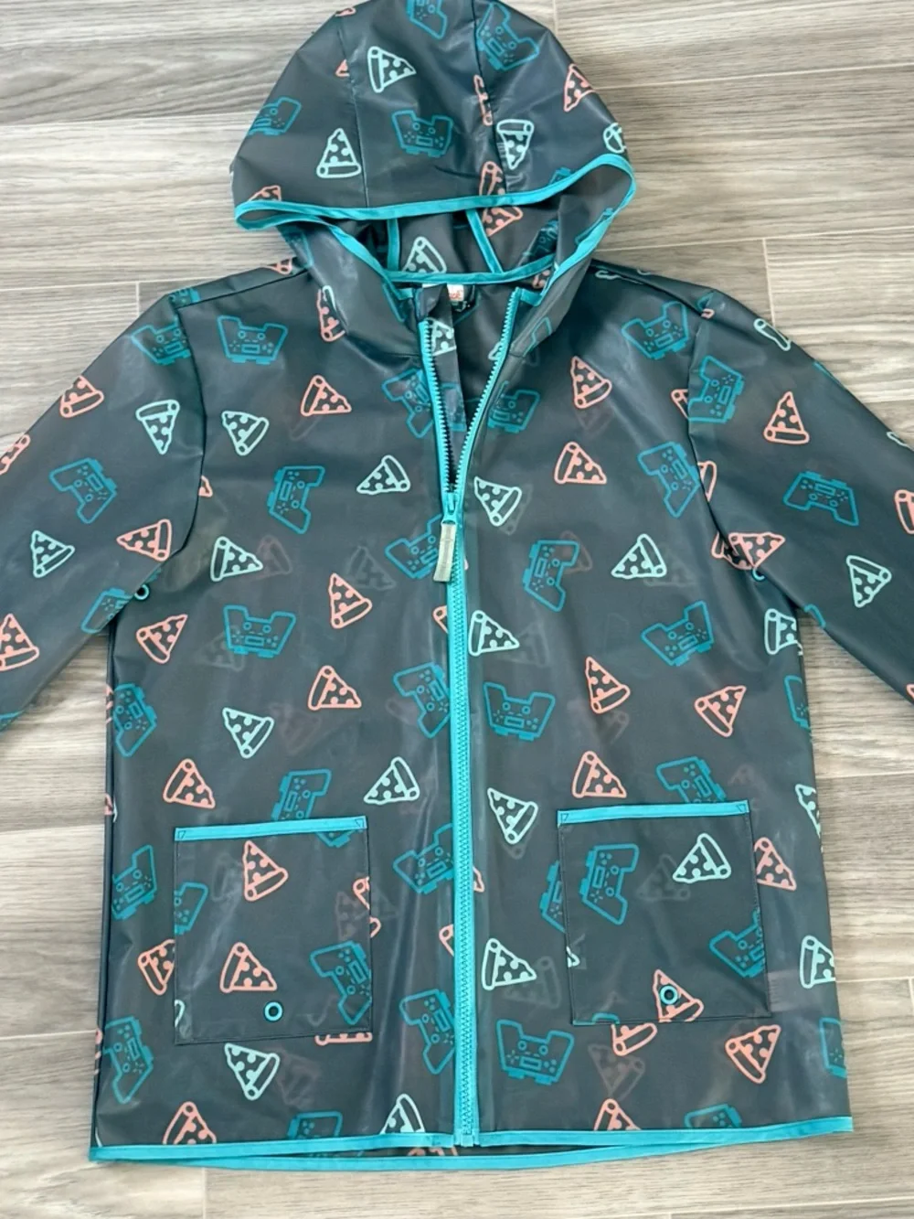 Cat & Jack Kids’ Hooded Rain Jacket with Teal & Coral Prints